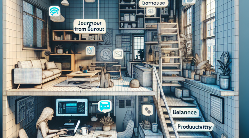 Illustration of freelancer working on laptop in a urban apartment interior setting, with a relaxed mood.