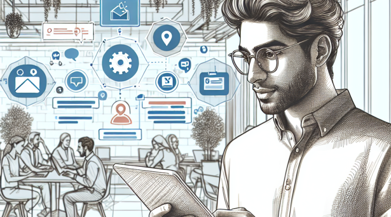 Illustration of young entrepreneur on tablet in a modern coworking space setting, with a focused mood.
