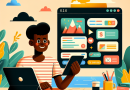 Illustration of young entrepreneur on tablet in a laptop on rustic table setting, with a happy mood.