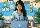 Illustration of freelance writer with notebook in a beachside workspace setting, with a focused mood.