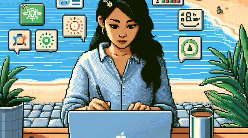 Illustration of freelance writer with notebook in a beachside workspace setting, with a focused mood.