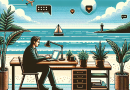 Illustration of freelance writer with notebook in a beachside workspace setting, with a determined mood.