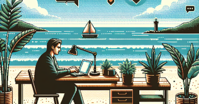 Illustration of freelance writer with notebook in a beachside workspace setting, with a determined mood.