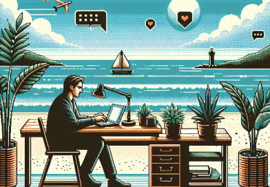 Illustration of freelance writer with notebook in a beachside workspace setting, with a determined mood.