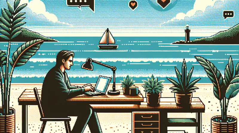 Illustration of freelance writer with notebook in a beachside workspace setting, with a determined mood.
