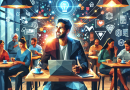 Illustration of startup founder brainstorming in a busy coffee shop setting setting, with a inspired mood.