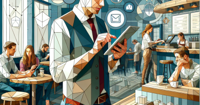 Illustration of young entrepreneur on tablet in a busy coffee shop setting setting, with a relaxed mood.
