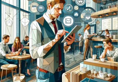 Illustration of young entrepreneur on tablet in a busy coffee shop setting setting, with a relaxed mood.
