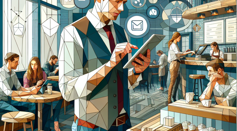 Illustration of young entrepreneur on tablet in a busy coffee shop setting setting, with a relaxed mood.