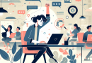 Illustration of freelancer working on laptop in a tech startup office setting, with a determined mood.