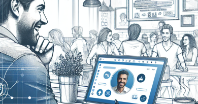 Illustration of remote worker on video call in a busy coffee shop setting setting, with a inspired mood.