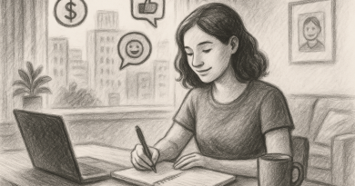 Illustration of freelance writer with notebook in a urban apartment interior setting, with a relaxed mood.