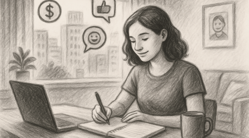 Illustration of freelance writer with notebook in a urban apartment interior setting, with a relaxed mood.