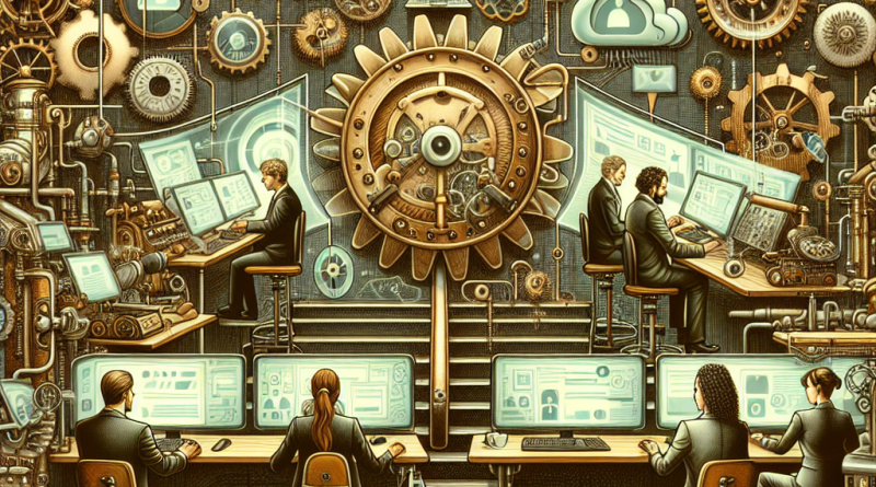 Illustration of team collaborating remotely in a tech startup office setting, with a focused mood.