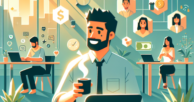 Illustration of digital nomad with coffee in a sunlit digital nomad workspace setting, with a focused mood.
