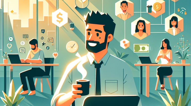 Illustration of digital nomad with coffee in a sunlit digital nomad workspace setting, with a focused mood.