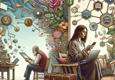 Illustration of gig worker checking phone in a laptop on rustic table setting, with a inspired mood.