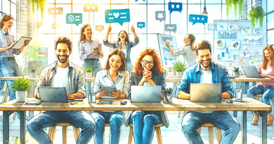 Illustration of team collaborating remotely in a sunlit digital nomad workspace setting, with a happy mood.