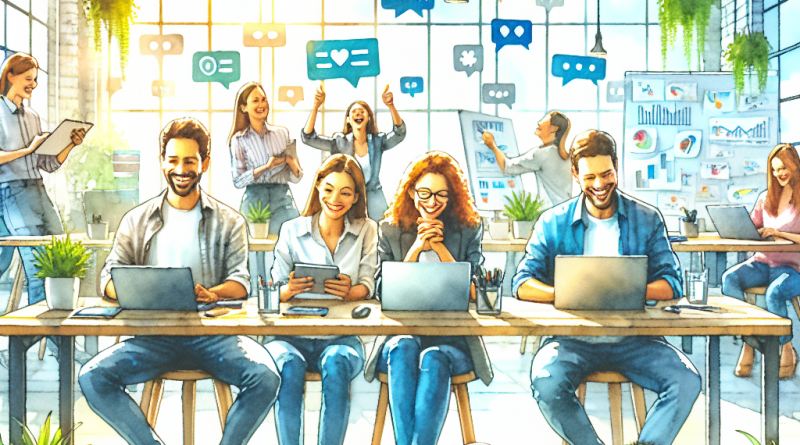 Illustration of team collaborating remotely in a sunlit digital nomad workspace setting, with a happy mood.