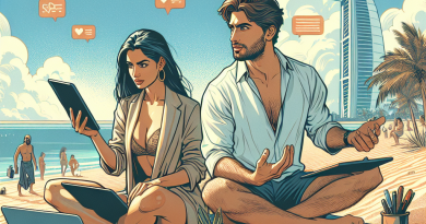 Illustration of freelancer using productivity tools in a beachside workspace setting, with a determined mood.