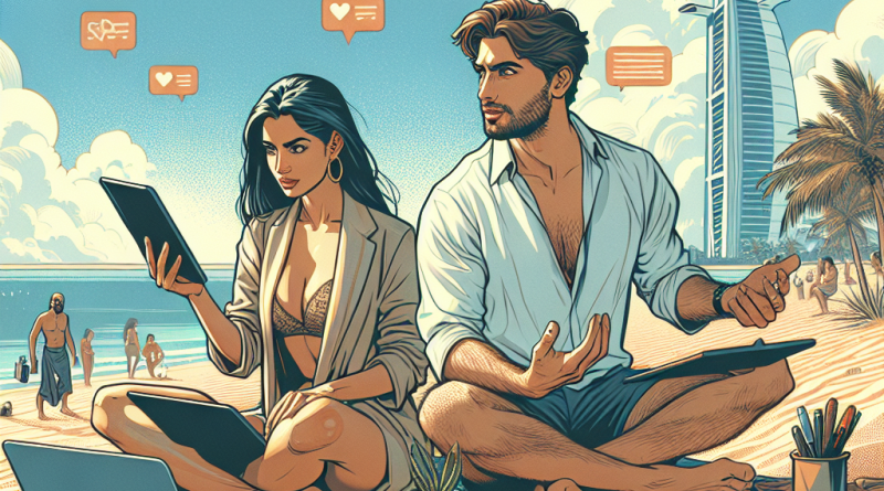 Illustration of freelancer using productivity tools in a beachside workspace setting, with a determined mood.