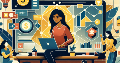 Illustration of startup founder brainstorming in a laptop on rustic table setting, with a creative mood.