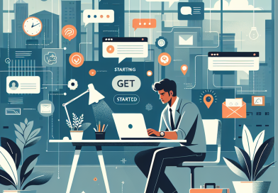 Illustration of freelancer working on laptop in a urban apartment interior setting, with a determined mood.