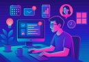 Illustration of freelancer using productivity tools in a home office setup setting, with a focused mood.