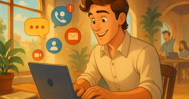 Illustration of freelancer working on laptop in a sunlit digital nomad workspace setting, with a inspired mood.