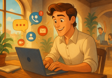 Illustration of freelancer working on laptop in a sunlit digital nomad workspace setting, with a inspired mood.