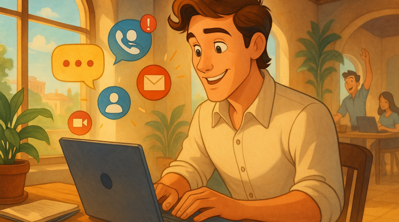 Illustration of freelancer working on laptop in a sunlit digital nomad workspace setting, with a inspired mood.