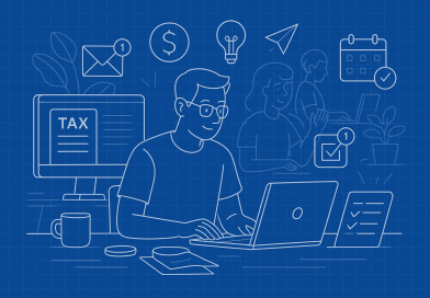 Illustration of freelancer using productivity tools in a shared creative hub setting, with a relaxed mood.