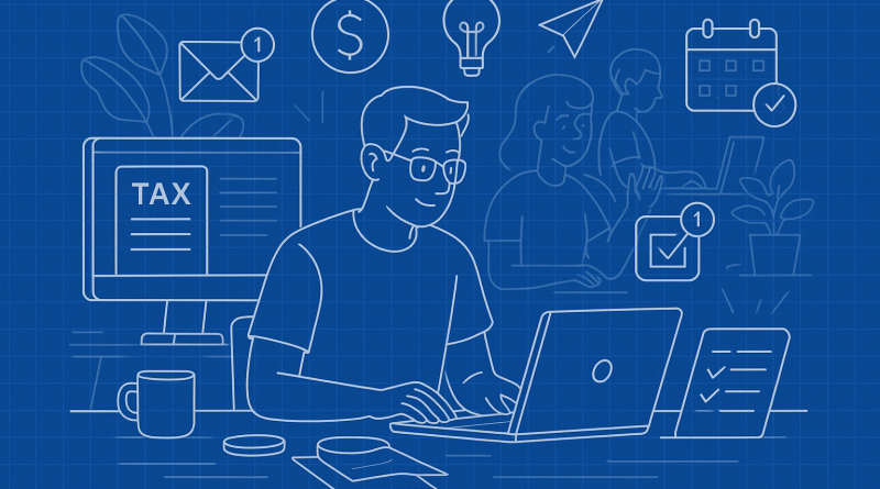 Illustration of freelancer using productivity tools in a shared creative hub setting, with a relaxed mood.