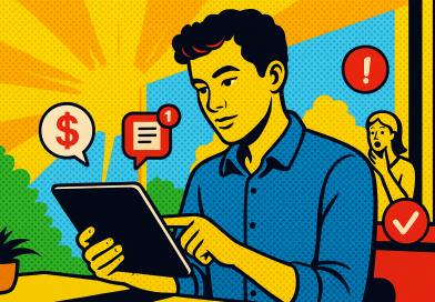 Illustration of young entrepreneur on tablet in a sunlit digital nomad workspace setting, with a determined mood.