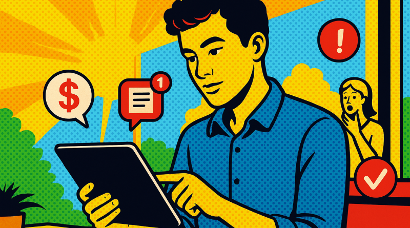 Illustration of young entrepreneur on tablet in a sunlit digital nomad workspace setting, with a determined mood.