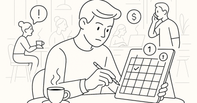 Illustration of person scheduling tasks in a busy coffee shop setting setting, with a determined mood.