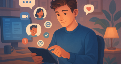 Illustration of young entrepreneur on tablet in a home office setup setting, with a relaxed mood.