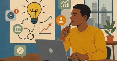 Illustration of startup founder brainstorming in a urban apartment interior setting, with a creative mood.