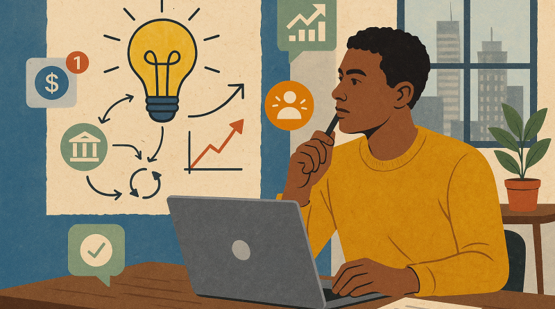 Illustration of startup founder brainstorming in a urban apartment interior setting, with a creative mood.