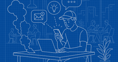 Illustration of gig worker checking phone in a modern coworking space setting, with a determined mood.