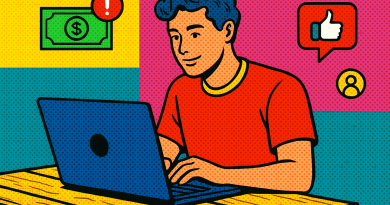 Illustration of freelancer working on laptop in a laptop on rustic table setting, with a creative mood.