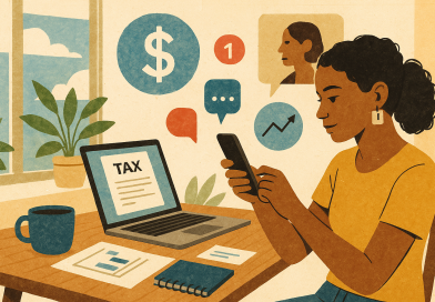 Illustration of gig worker checking phone in a sunlit digital nomad workspace setting, with a focused mood.