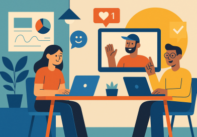 Illustration of team collaborating remotely in a creative studio environment setting, with a happy mood.