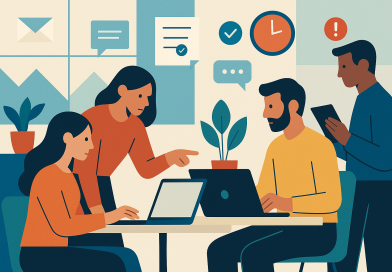 Illustration of team collaborating remotely in a modern coworking space setting, with a focused mood.