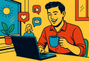 Illustration of digital nomad with coffee in a sunlit digital nomad workspace setting, with a happy mood.