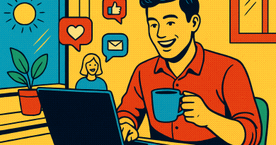 Illustration of digital nomad with coffee in a sunlit digital nomad workspace setting, with a happy mood.