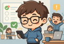 Illustration of gig worker checking phone in a tech startup office setting, with a happy mood.