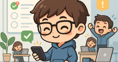 Illustration of gig worker checking phone in a tech startup office setting, with a happy mood.