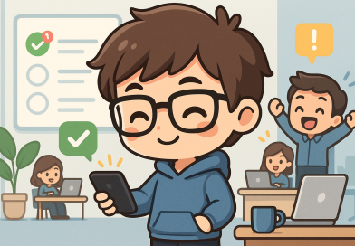 Illustration of gig worker checking phone in a tech startup office setting, with a happy mood.