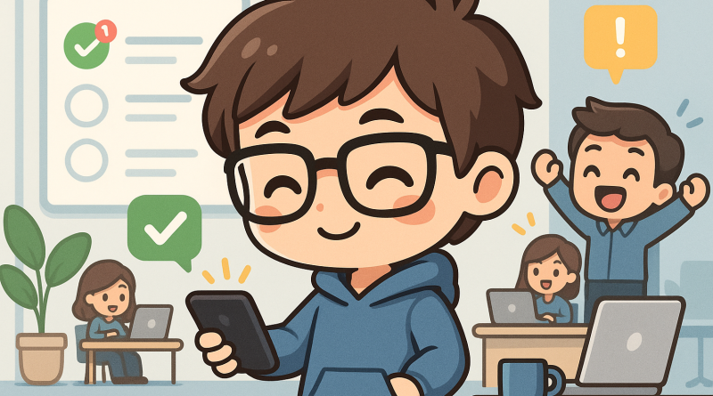 Illustration of gig worker checking phone in a tech startup office setting, with a happy mood.